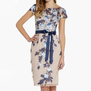 Adrianna Papell - Embroidered Floral tie Waist Sheath Dress